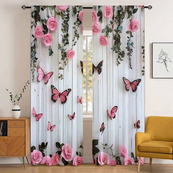 2pcs Pink Rose And Butterfly Print Curtains, Privacy Curtain Set, 2D Flat Print, Rod Pocket, Suitable For Bedroom, Living Room, Dorm, Office, Valentine's Day Gift, Home Decor